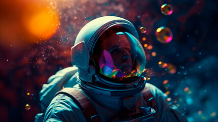 Wall Mural - Beautiful painting of an astronaut in in a colorful bubbles galaxy on a different planet. Generative AI
