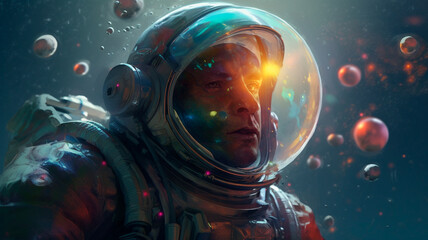 Wall Mural - Beautiful painting of an astronaut in in a colorful bubbles galaxy on a different planet. Generative AI