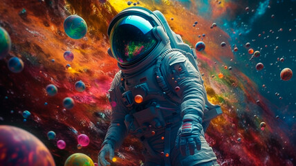 Beautiful painting of an astronaut in in a colorful bubbles galaxy on a different planet. Generative AI