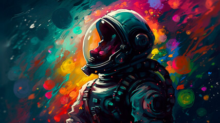 Wall Mural - Beautiful painting of an astronaut in in a colorful bubbles galaxy on a different planet. Generative AI