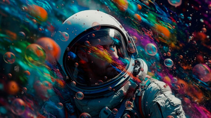 Wall Mural - Beautiful painting of an astronaut in in a colorful bubbles galaxy on a different planet. Generative AI