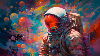 Wall Mural - Beautiful painting of an astronaut in in a colorful bubbles galaxy on a different planet. Generative AI