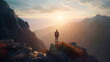 Hiker stands at the summit of a difficult mountain climb to be greeted with a beautiful view of the sunrise. Generative AI