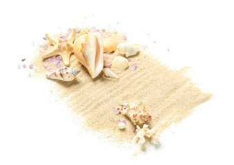 Wall Mural - Sand with seashells, purple sea salt and starfishes on white background