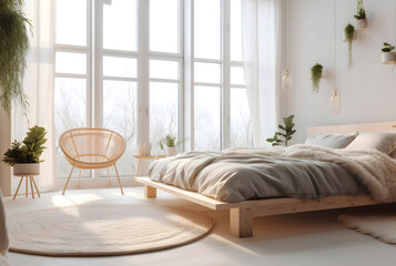 Wall Mural - Comfort in bedroom, big window and a lot of sunlight in the room. Cozy atmosphere at home. Generative AI