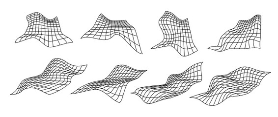 Poster - Distorted perspective grid pack. Glitch rectangle plane set. Wavy futuristic elements bundle. Ripple wireframes net collection. Vector abstract deformed background. 
