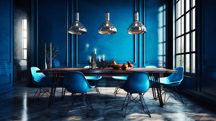 Modern dining room interior with blue walls and blue chairs