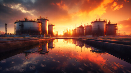 Oil refinery at sunset with oil production tanks on the water