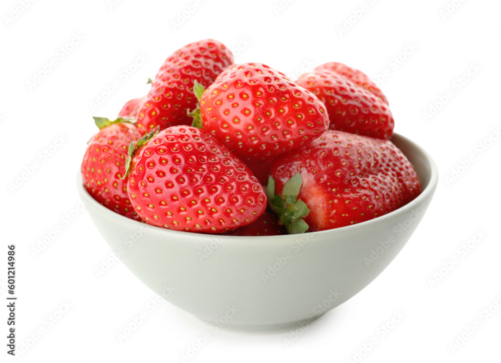 Bowl with fresh strawberries on white background
