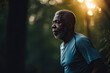 © MVProductions - Portrait of an older african american man running at dusk in the park, Generative AI