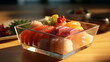 Maki and nigiri sushi in a glass plate. AI Generated.
