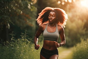 Wall Mural - Young african american woman running in park at dusk, Generative AI