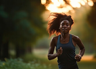 Wall Mural - Young african american woman running in park at dusk, Generative AI