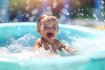 happy baby playing in swimming pool during summer vacation. generative ai