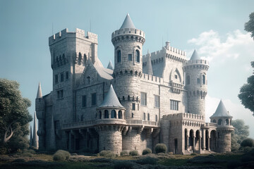 3d image of fairy-tale castle with a pond and swans, a bridge and dense vegetation,