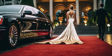 Stylish Woman In Evening Dress Arriving With Limousine Walking Red Carpet, Woman In A Luxurious Dress On A Red Carpet. Blurred Image.