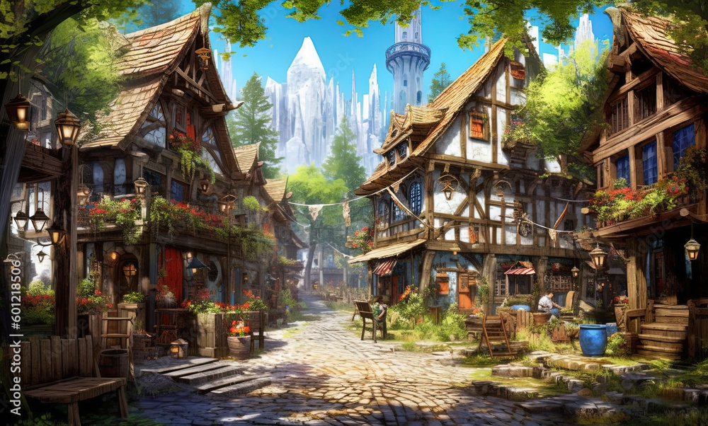 Pencil and ink illustration of a medieval fantasy village. Generative ...