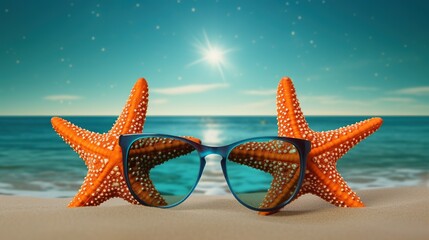 Wall Mural - a pair of sunglasses decorated with starfish that are lying on the sand. Generative AI