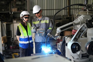 Poster - Robotics engineer working on maintenance of robotic arm in factory warehouse. Business technology.