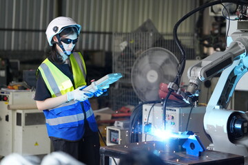 Poster - Robotics engineer working on maintenance of robotic arm in factory warehouse. Business technology.