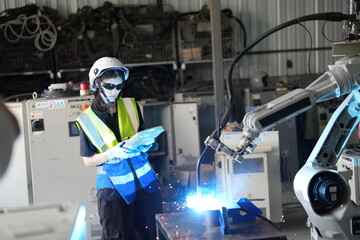 Poster - Robotics engineer working on maintenance of robotic arm in factory warehouse. Business technology.