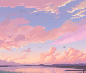 A pastel pink anime style sunset over a lake Generative Ai