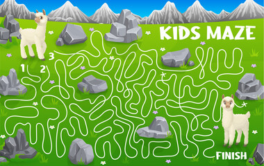 Poster - Labyrinth maze help the llama alpaca find the friend. Kids vector board game with funny animals on green field and tangled path. Educational boardgame riddle with cartoon lama, children worksheet