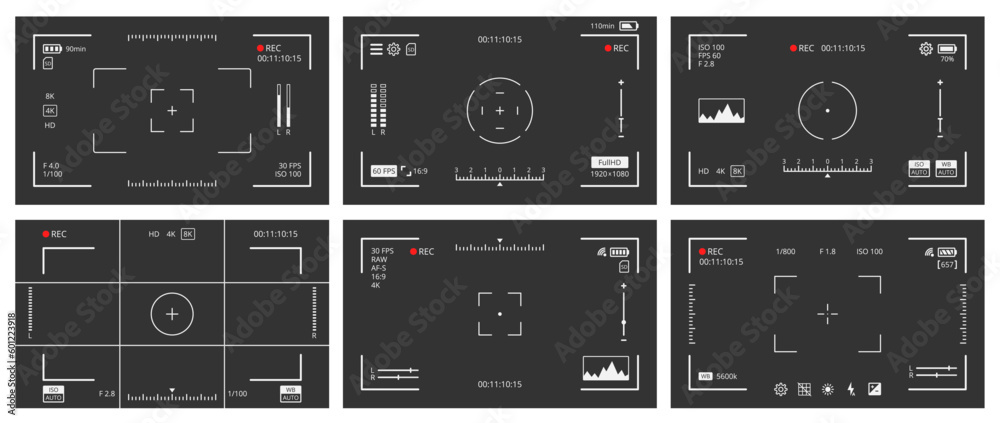 Camera viewfinder screen, vector Photo or video cam display frames set ...