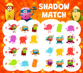 Poster - Shadow match game. Cartoon cheerful superhero vitamin characters. Shadow match kids playing activity, similarity search game vector worksheet with B, P N and H, A, U micronutrient hero cute personages