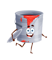 Wall Mural - Paint bucket cartoon character, renovation works or construction and painting equipment, vector item. DIY carpentry, woodworking and reparation cartoon character of paint bucket with face