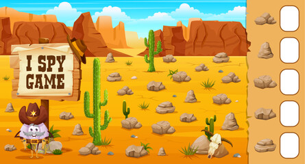 Wall Mural - Western i spy game count the stones in Wild West desert. Kids vector riddle help to sheriff garlic to count how many rocks in desert. Cartoon children test worksheet, educational quiz for baby learn