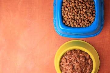 Wall Mural - Dry and wet pet food in feeding bowls on orange background, flat lay. Space for text