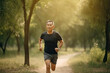 © MVProductions - Older asian man running in park. Generative AI