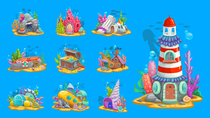 Wall Mural - Underwater fairytale buildings and dwellings or undersea homes, vector cartoon game assets. Underwater creatures houses of boat submarine in ocean coral reef, sea mermaid or fish dwelling in shell