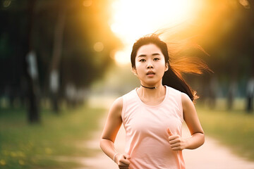 Wall Mural - Young asian woman running in park or forest at sunset. Generative AI