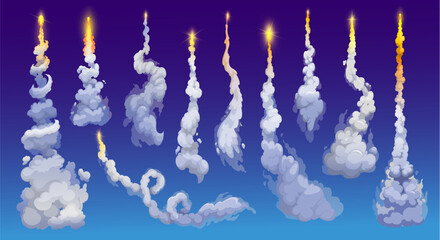 Poster - Cartoon rocket smoke trails, spaceship launch fire tail with clouds, vector spaceflight effects. Space rocket start up fire and smoke trails of galaxy shuttle or spacecraft engine and missile blast
