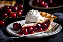 Slice Of Cherry Pie Topped With A Scoop Of Ice Cream On A Sunny Day Near A Window, Generative AI