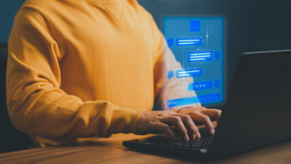 Poster - Young man using laptop computer chatting with chat bot, Chat with smart AI or Artificial Intelligence technology. Futuristic technology transformation. Chatbot ai communication.