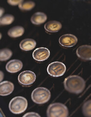 Fototapete - Vintage typewriter with Cyrillic alphabet characters keyboard, writing a text letter on empty page sheet of craft paper, old-fashioned writer machine, view of hands writing book and printing letters