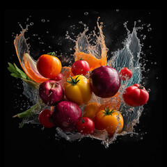  Flying fruits and vegetables splashes in to clear water on dark background. Fresh healthy food concept. Generative AI.