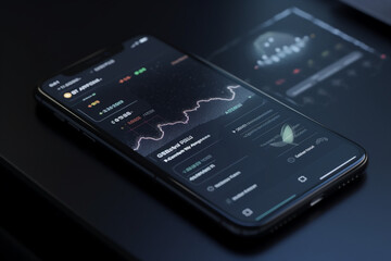 Poster - Phone on the table Mobile app for business performance monitoring and analysis, Generative AI	
