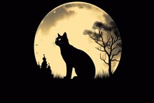 Illustration Of A Black Cat Sitting With A Full Moon In The Background Generative AI