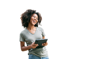 Image of young african woman, company worker in casual wear, smiling and holding digital tablet, standing over white background