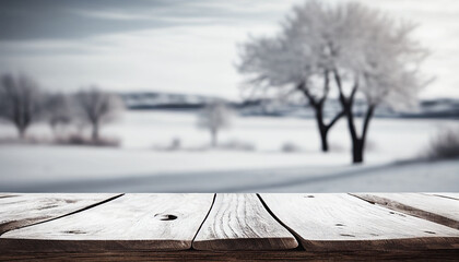 Sticker - Empty old wooden table with winter background