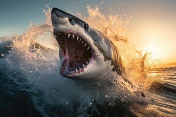 Shark Breaching Above Ocean, Tourism Travel, Stunning Scenic Seascape Wallpaper, Generative AI
