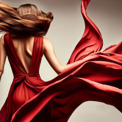 Stunning woman a beautiful red dress, fashion model waving flying fabric, lady in a glamorous outfit, generative AI