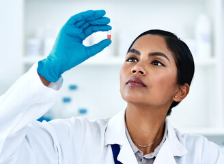 Poster - Woman, pills and medical science research or scientist development for future drugs, medicine or product. Face of female worker in laboratory for pharmaceutical discovery, innovation and analysis