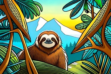 Wall Mural - a koala is relaxing in a tree near the mountain and forest.Comic style Generative AI.