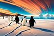 many penguins are looking at the orange sky Antarctica.Comic style Generative AI.