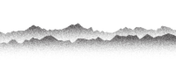 Poster - Dotted mountain gradient background. Noisy stippled grainy texture. Abstract rocks landscape with peaks with sand effect. Vector halftone fade illustration